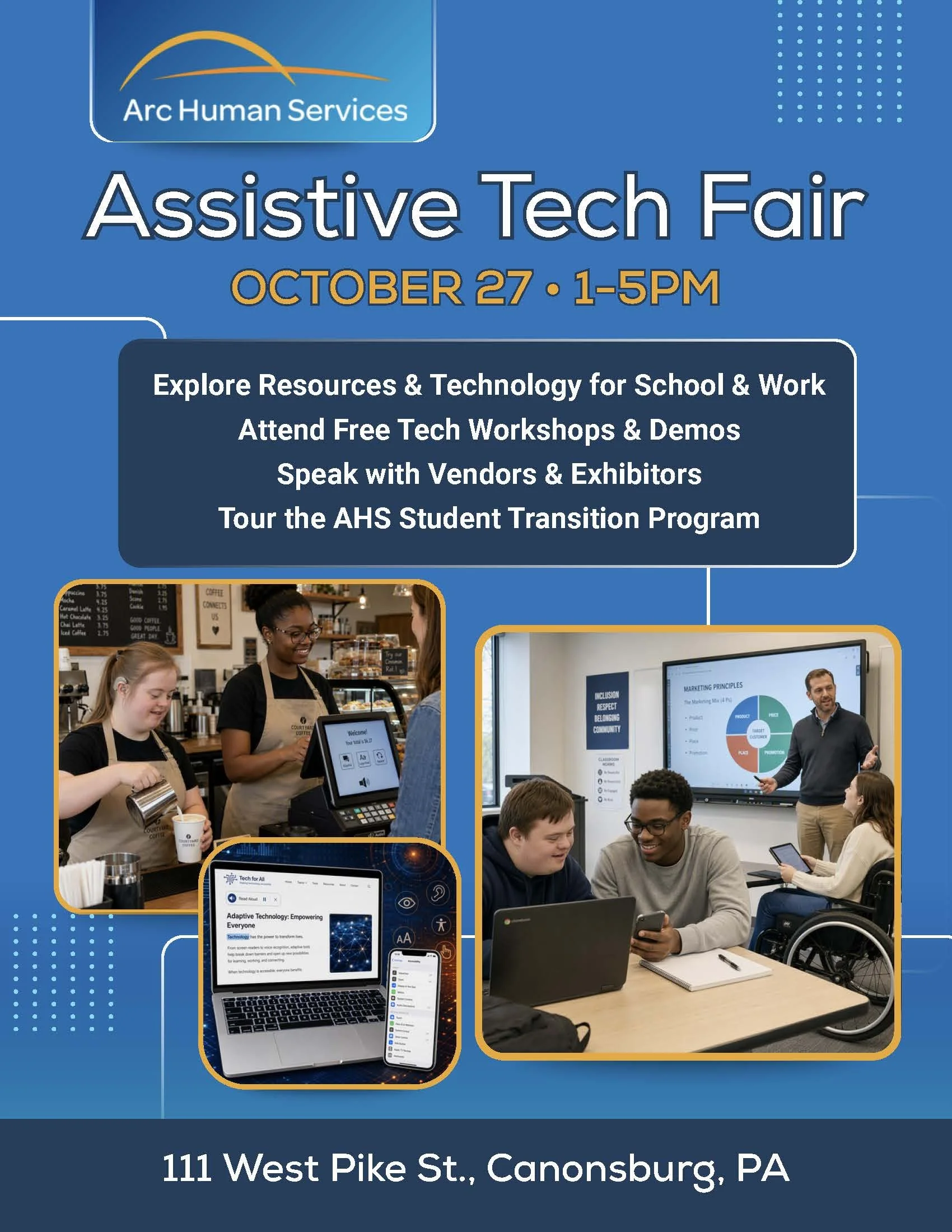 Three images of individuals with disabilities using assitive technology to help them at work and school.