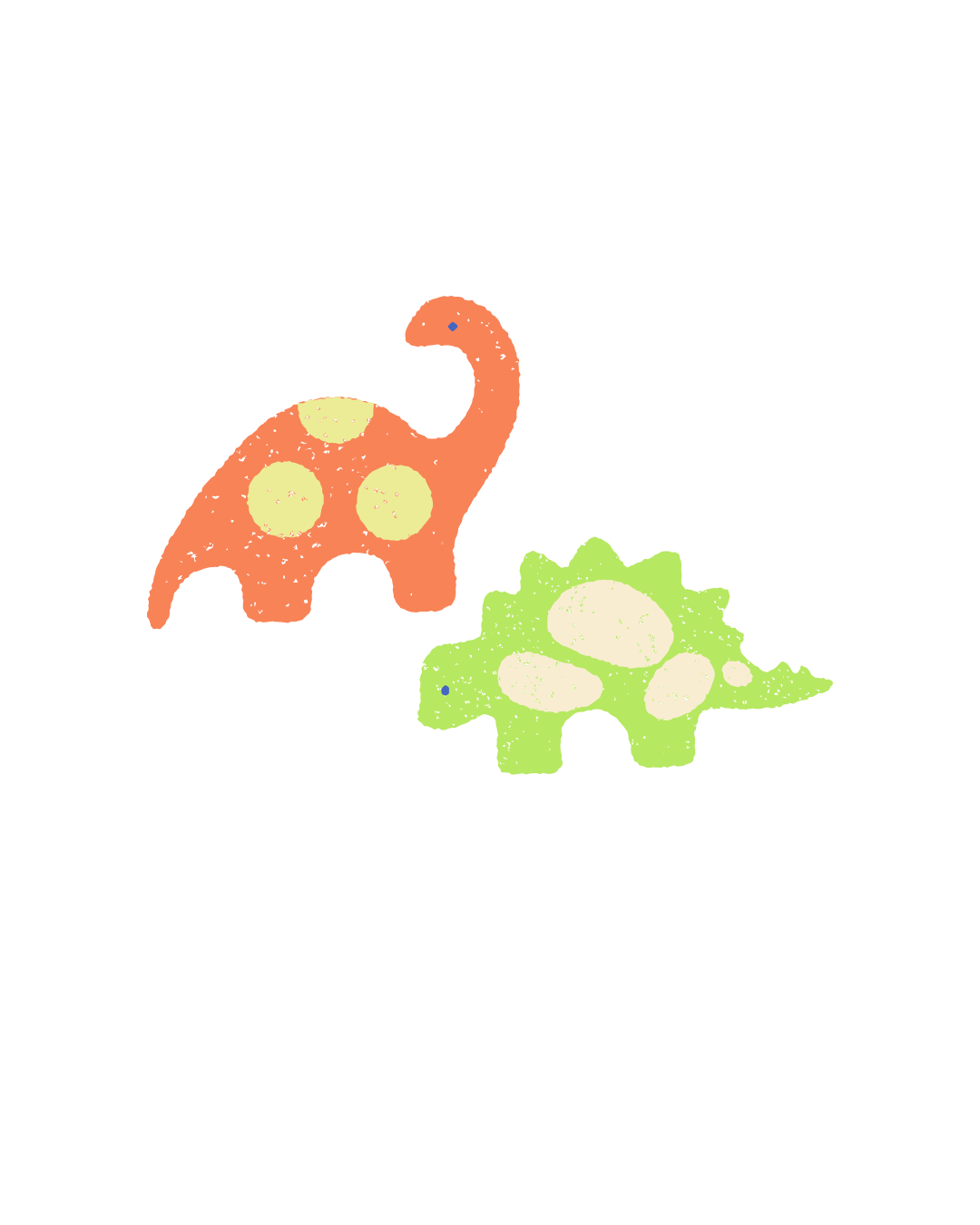Colorful cartoon dinosaurs, one orange with yellow spots and one green with white spots, on a black background.