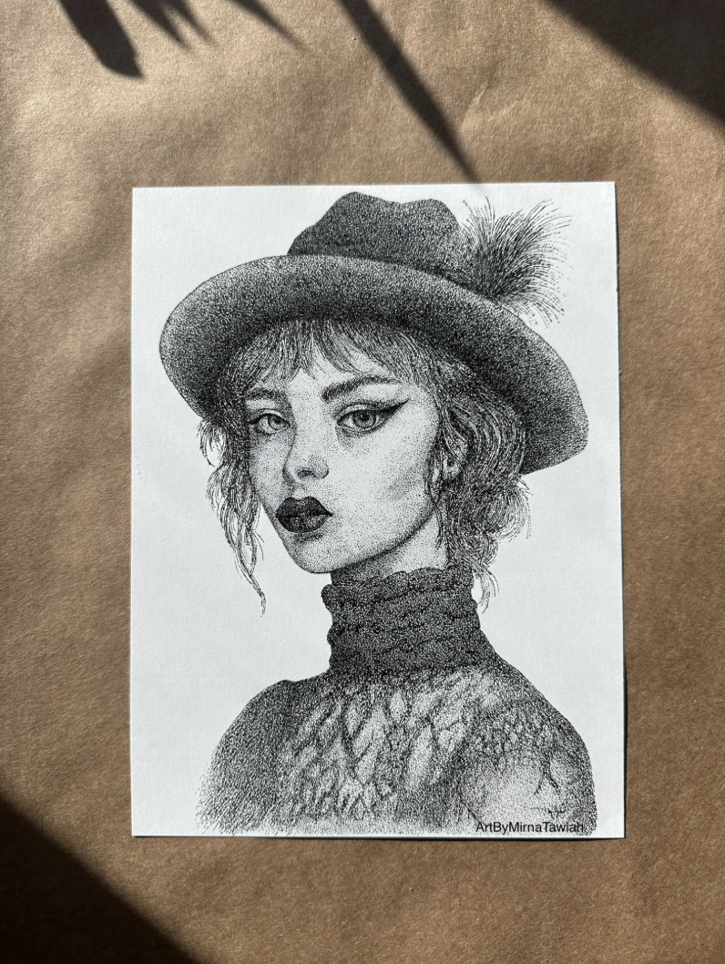 Stipple Portrait Print | Vintage Gothic | Black and White Dotwork Art | Feminine Wall Art