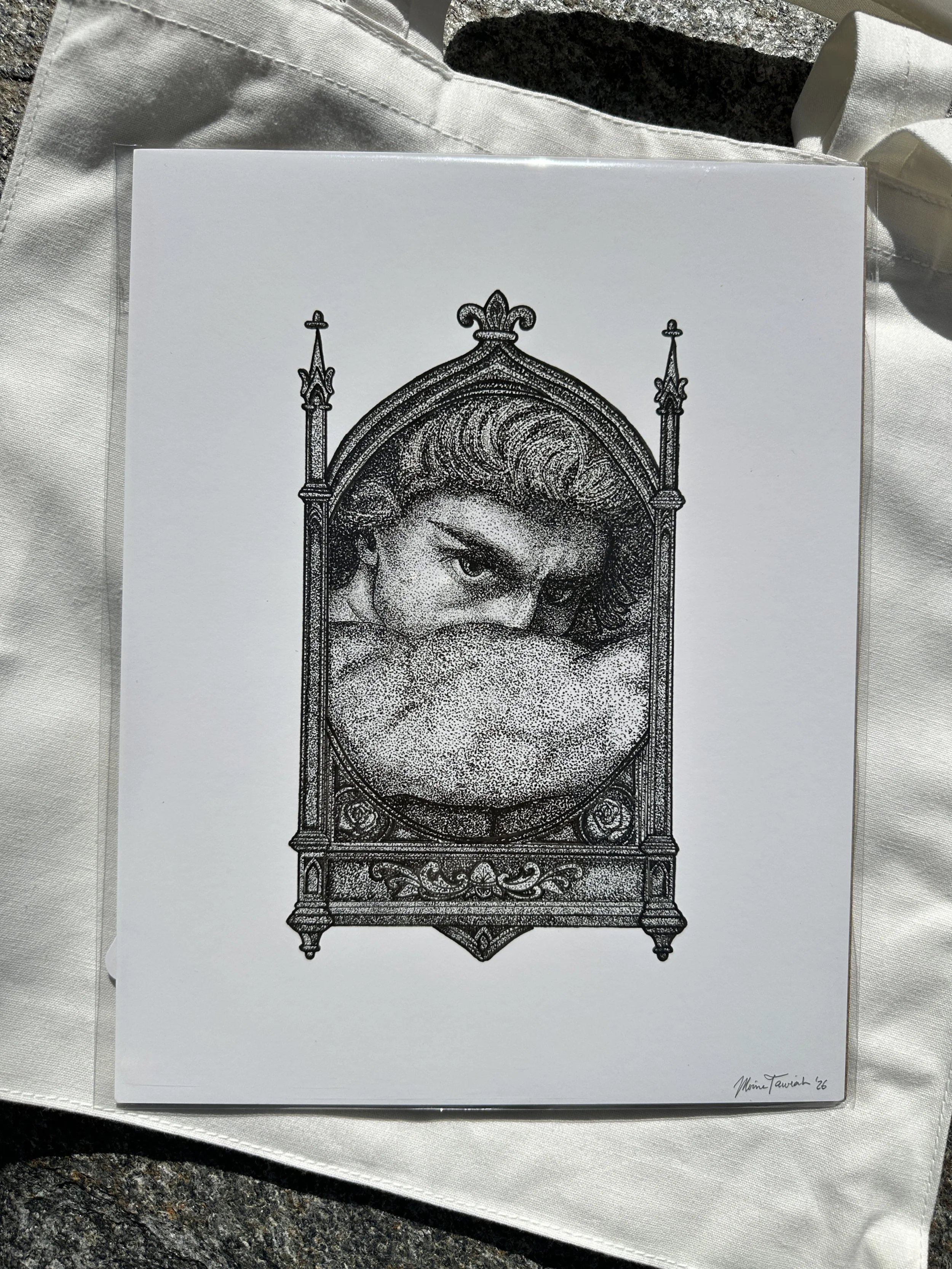 Gothic Stipple Portrait Print | Vintage Frame Inspired Dotwork Art | Dark Illustration | Black and White Wall Art
