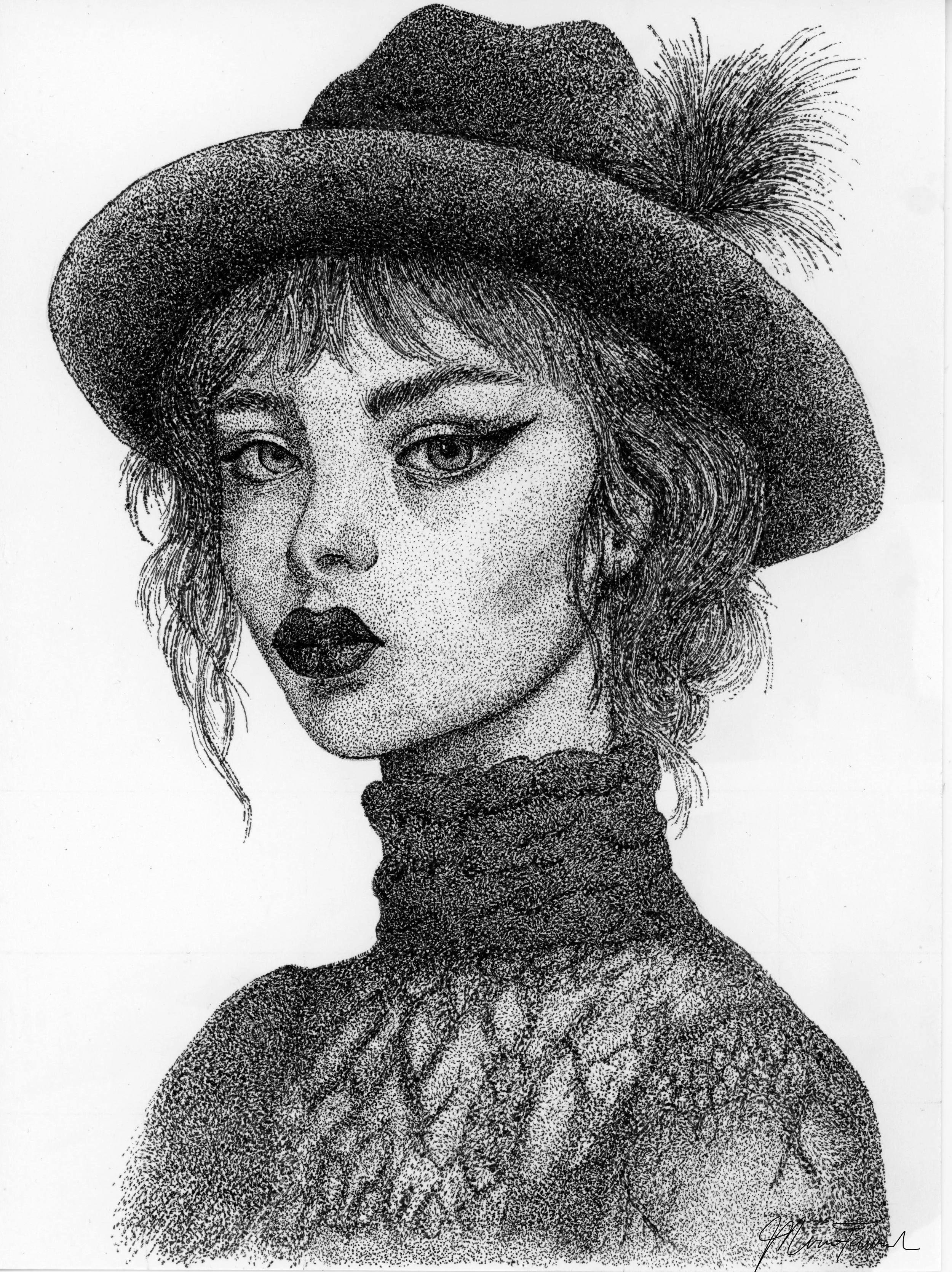 A detailed black and white pointillism drawing of a woman wearing a wide-brimmed hat with a feather, dark lipstick, and a high-neck sweater.
