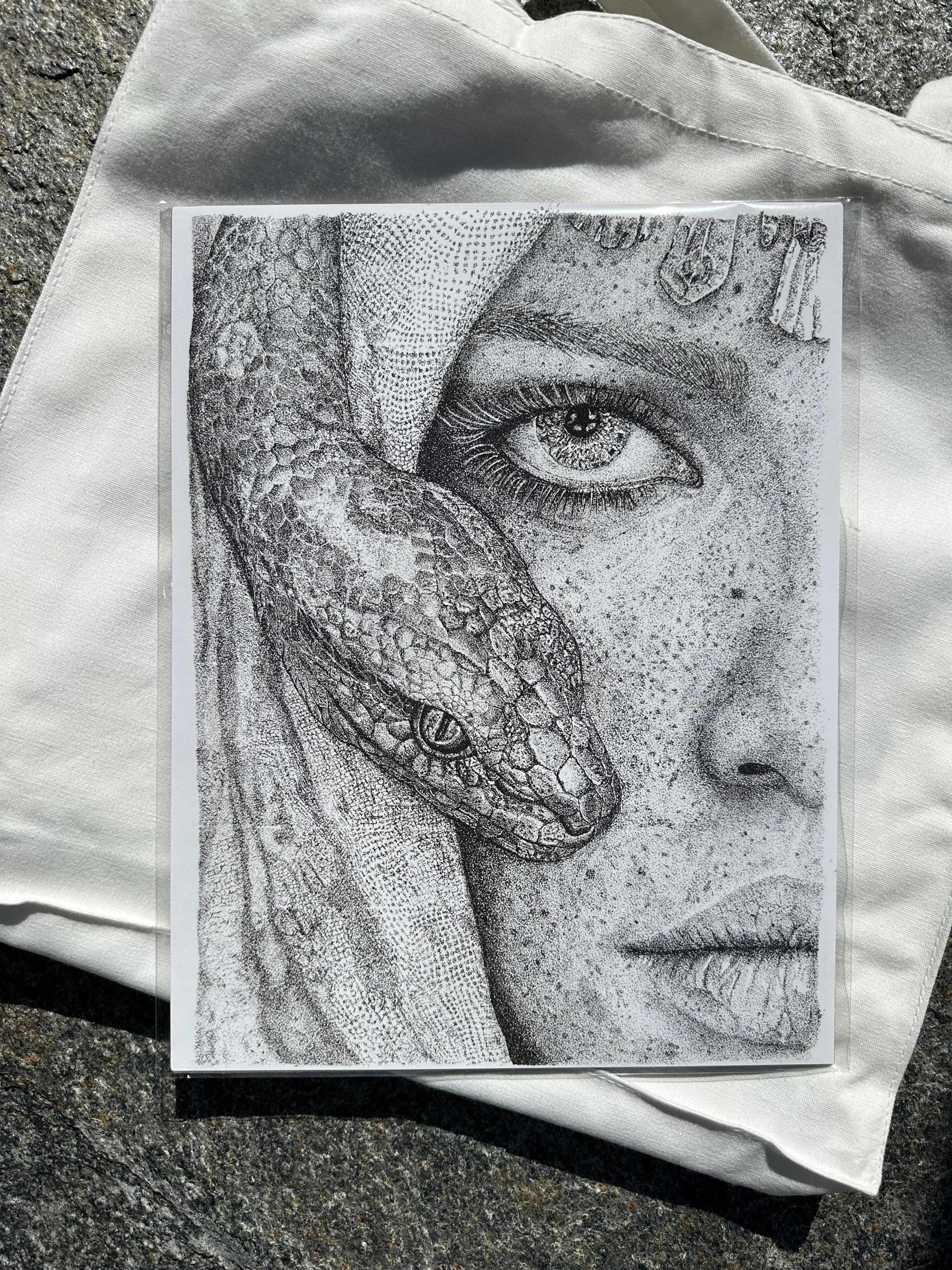 She Who Endures | 8.5 x 11 Fine Art Print | Dark Feminine Stipple Artwork | Symbolic Portrait Print
