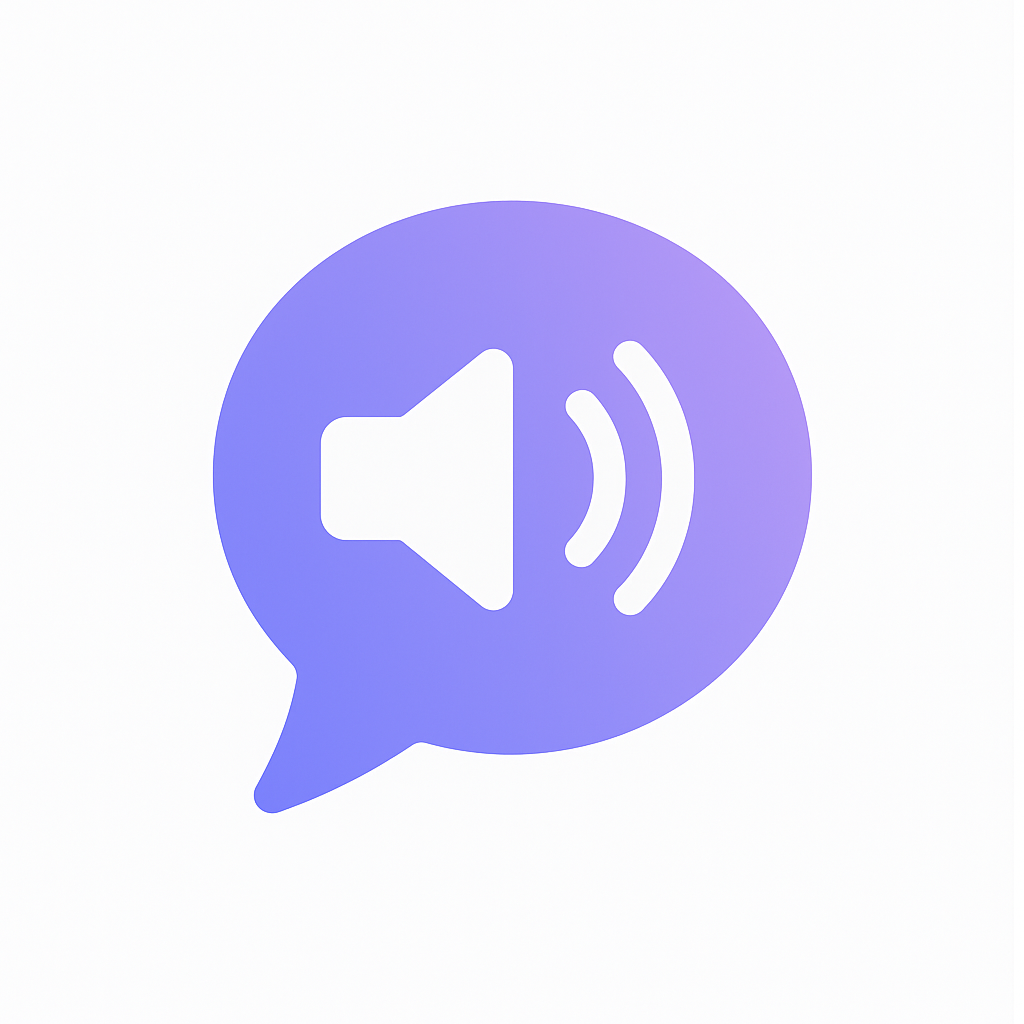Purple speech bubble with a white speaker icon inside indicating audio or sound.