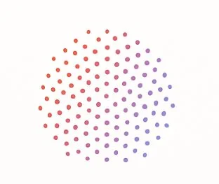 A circular pattern of small dots arranged in a gradient from red to purple.
