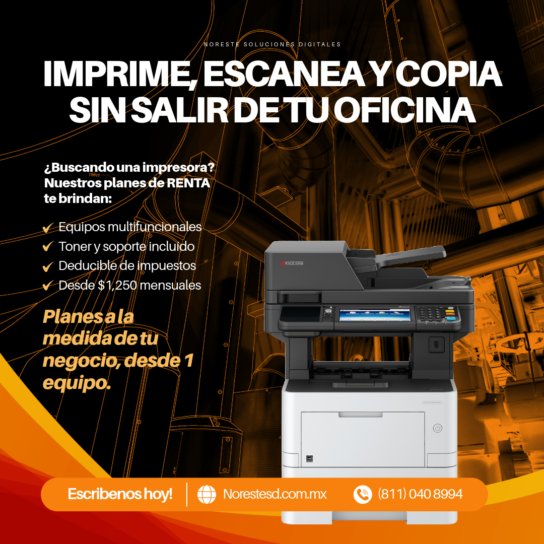 A digital advertisement for a printer rental service, featuring a photocopier machine on a dark background with orange accents and white text.