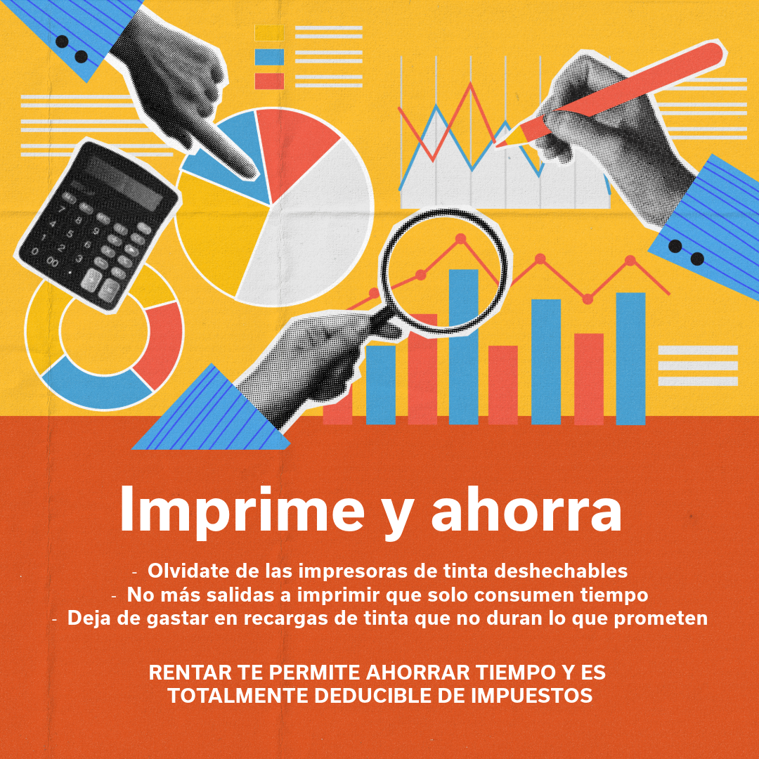 Bright yellow and orange poster promoting printing and saving money by avoiding disposable inkjet printers and unnecessary ink recharges, featuring charts, a calculator, and hands holding a magnifying glass and pen.