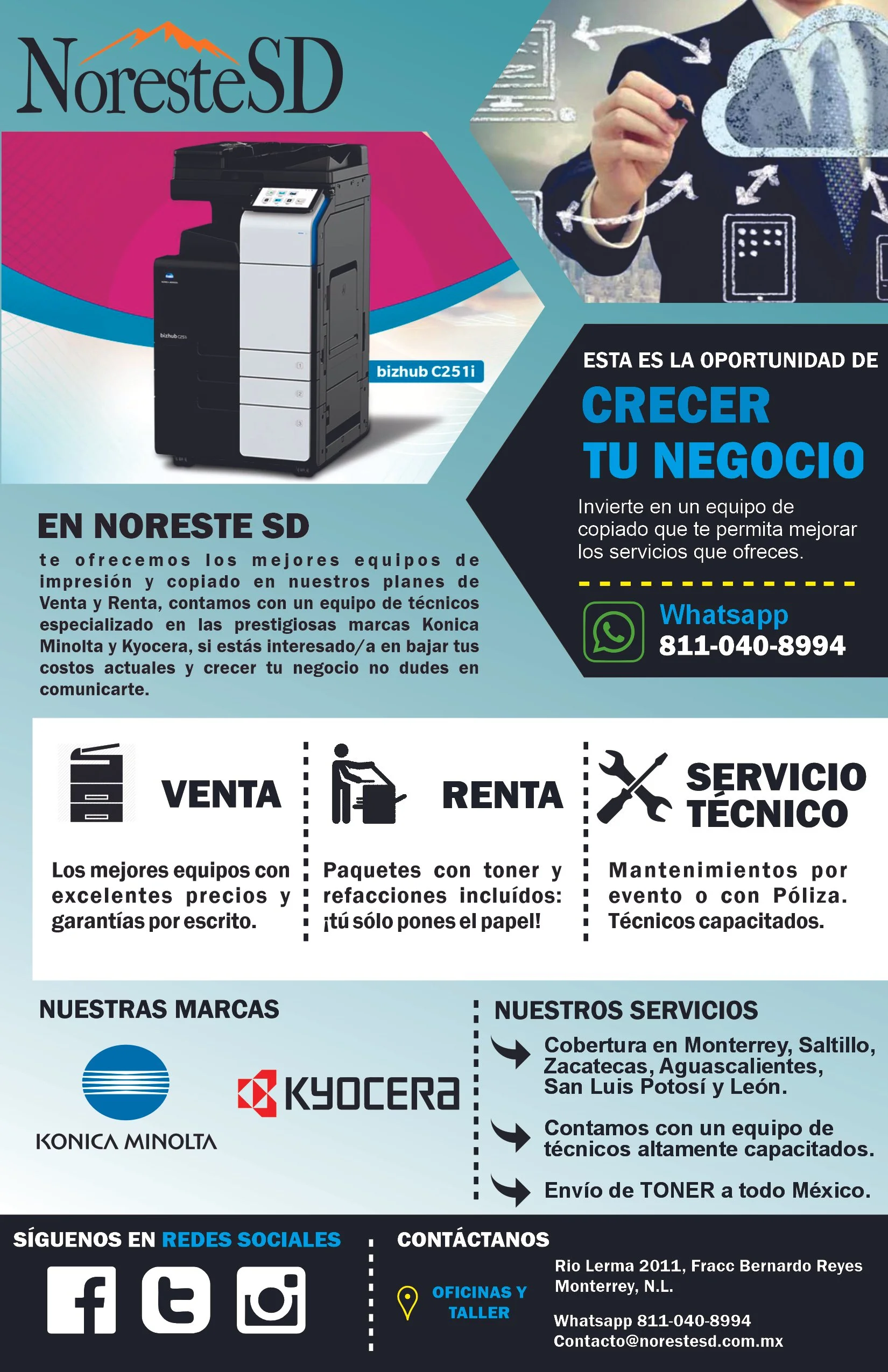 Promotional flyer for NoresteSD highlighting printing and copier equipment, technical services, and brand partnerships with Konica Minolta, Kyocera, and Kyocera. Includes a large image of a copier, contact information, social media icons, and a map location in Monterrey, Mexico.