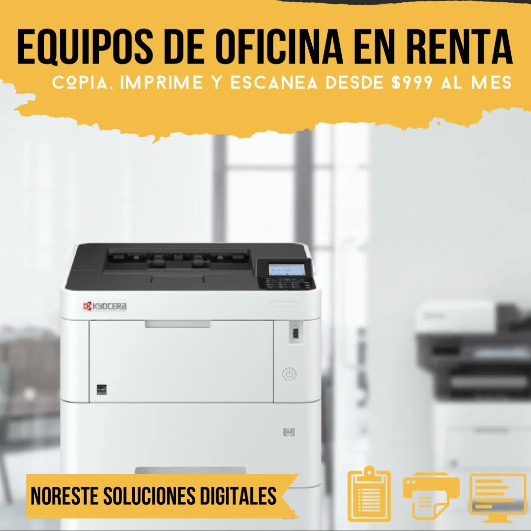 A flyer showcasing rental office equipment, featuring a Kyocera photocopier in an office setting with a blurred background and text in Spanish promoting digital solutions.
