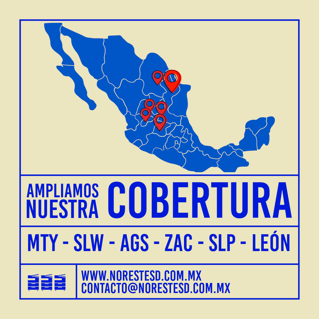 A map of Mexico with red location markers, accompanied by the text 'Ampliamos Nuestra Cobertura' and the abbreviations of Mexican states, along with a website address and contact email for Norested.
