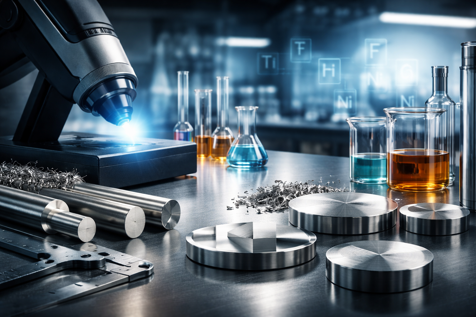 Laboratory bench with a microscope, glass beakers of colorful liquids, metal tools, and scientific equipment in a laboratory setting for advanced metal testing