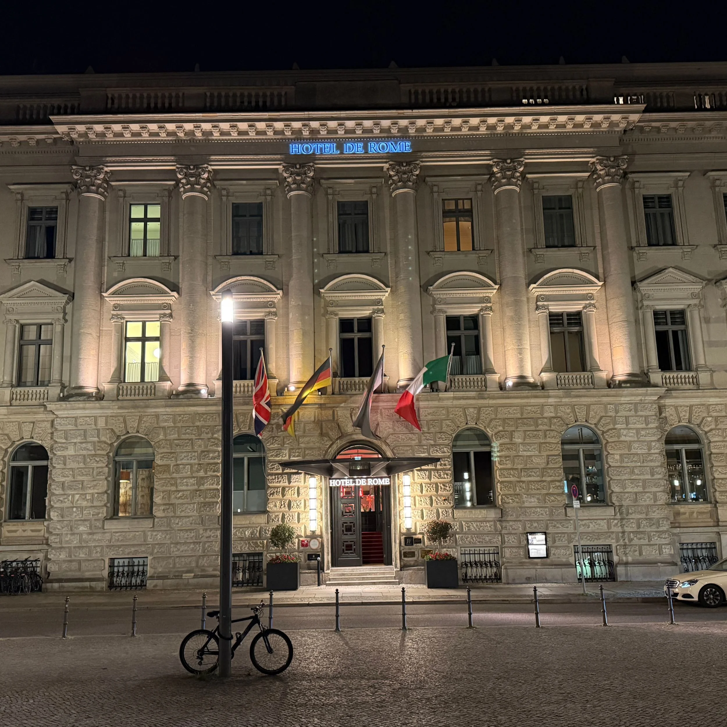 Hotel de Rome Berlin exterior at night on Bebelplatz
