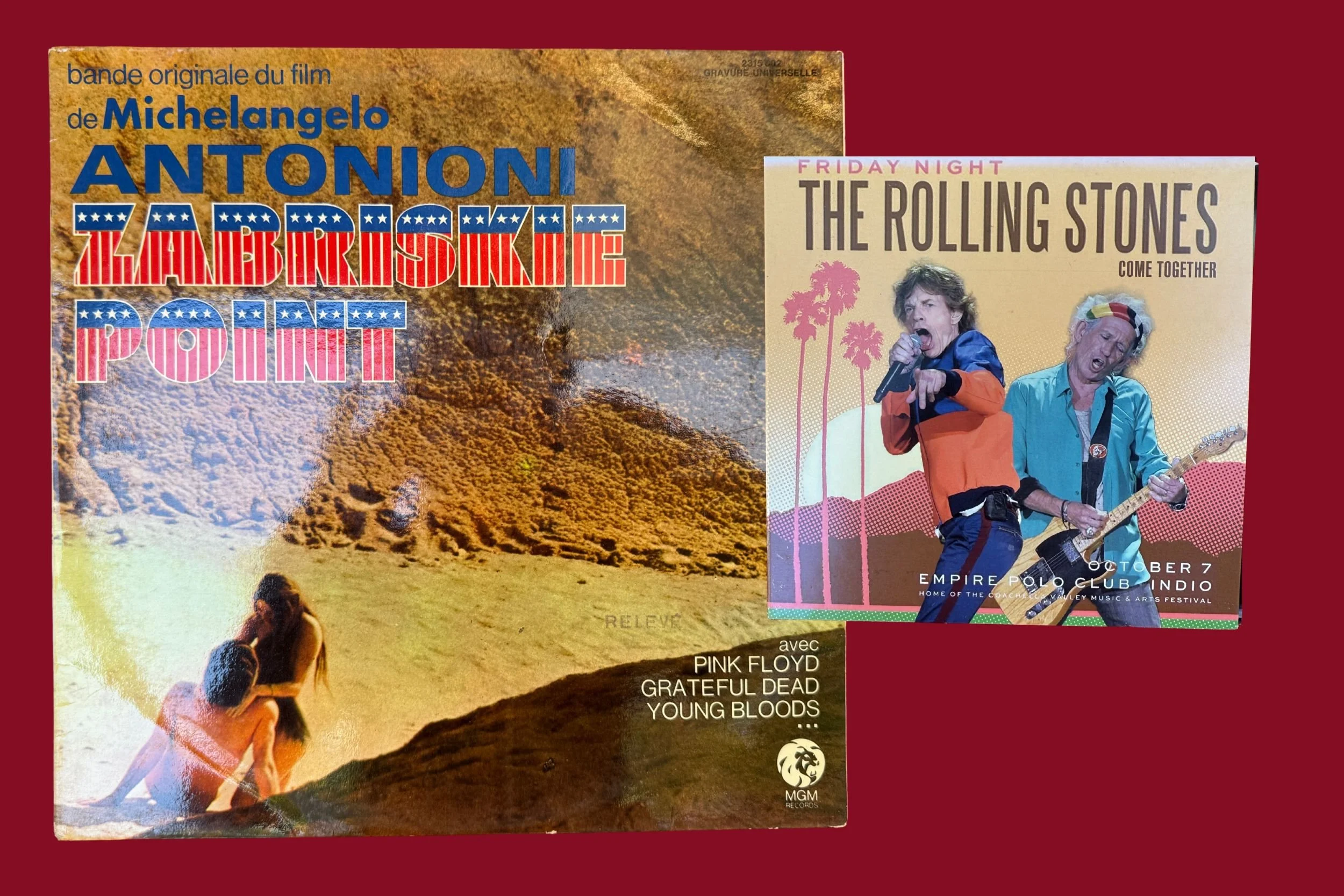 Un vinyle de Pink Floyd et un bootleg des Rolling Stones Desert Trip posés sur un fond rouge        Ask ChatGPT