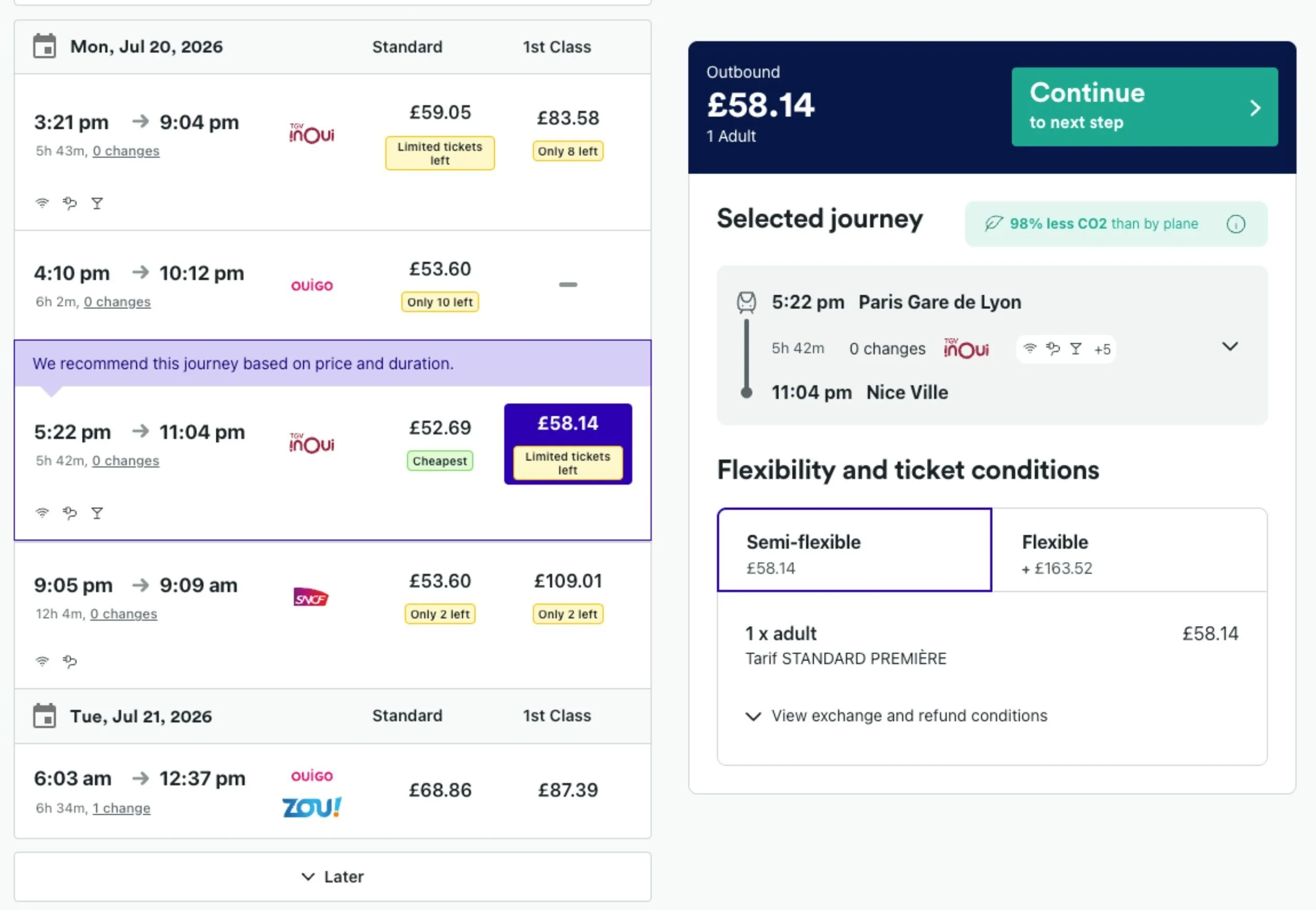 A screenshot of the Trainline Booking page showing train times and costs from Paris to Nice