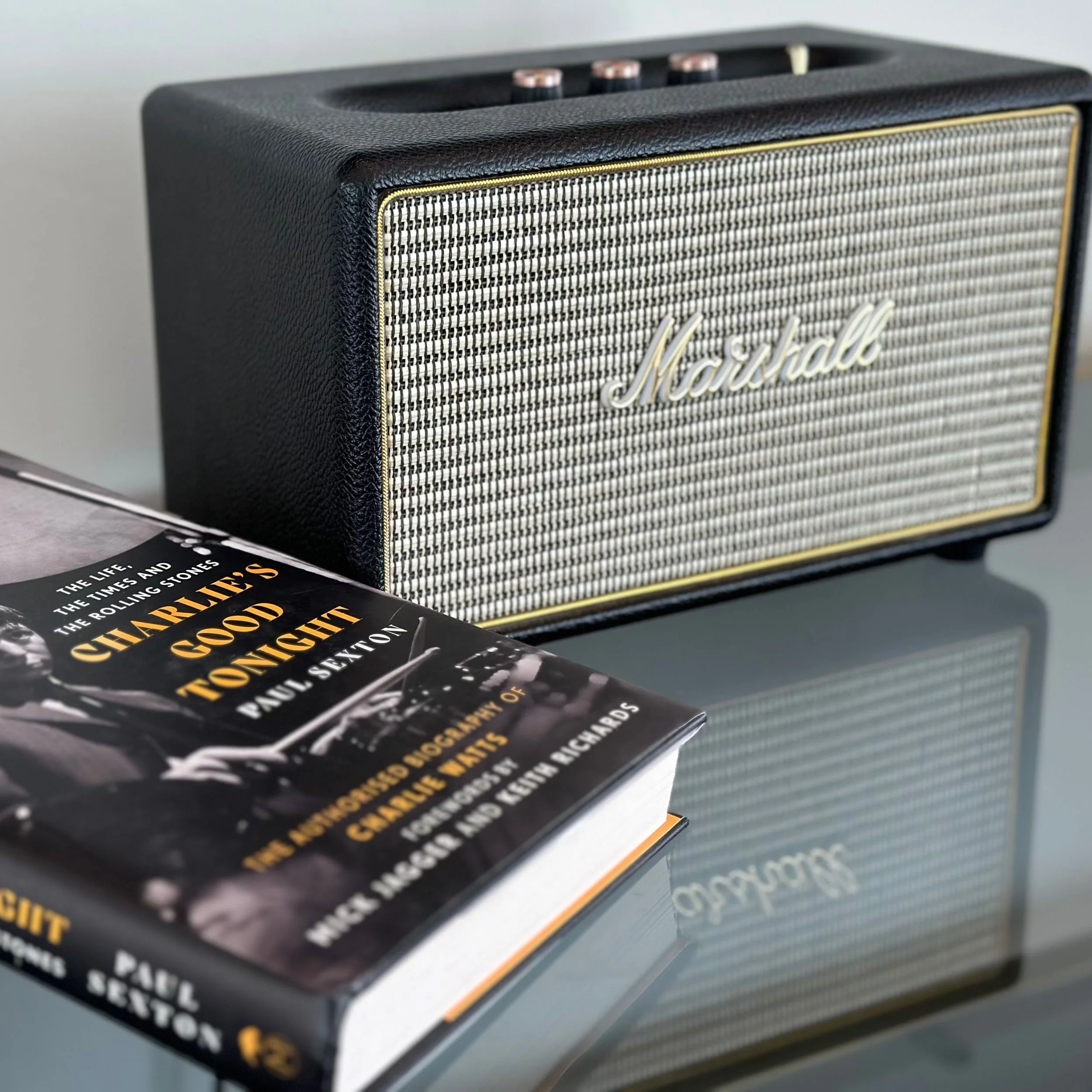 Marshall Bluetooth speaker and Charlie Watts book in the Nietzsche Suite at Château de la Chèvre d’Or