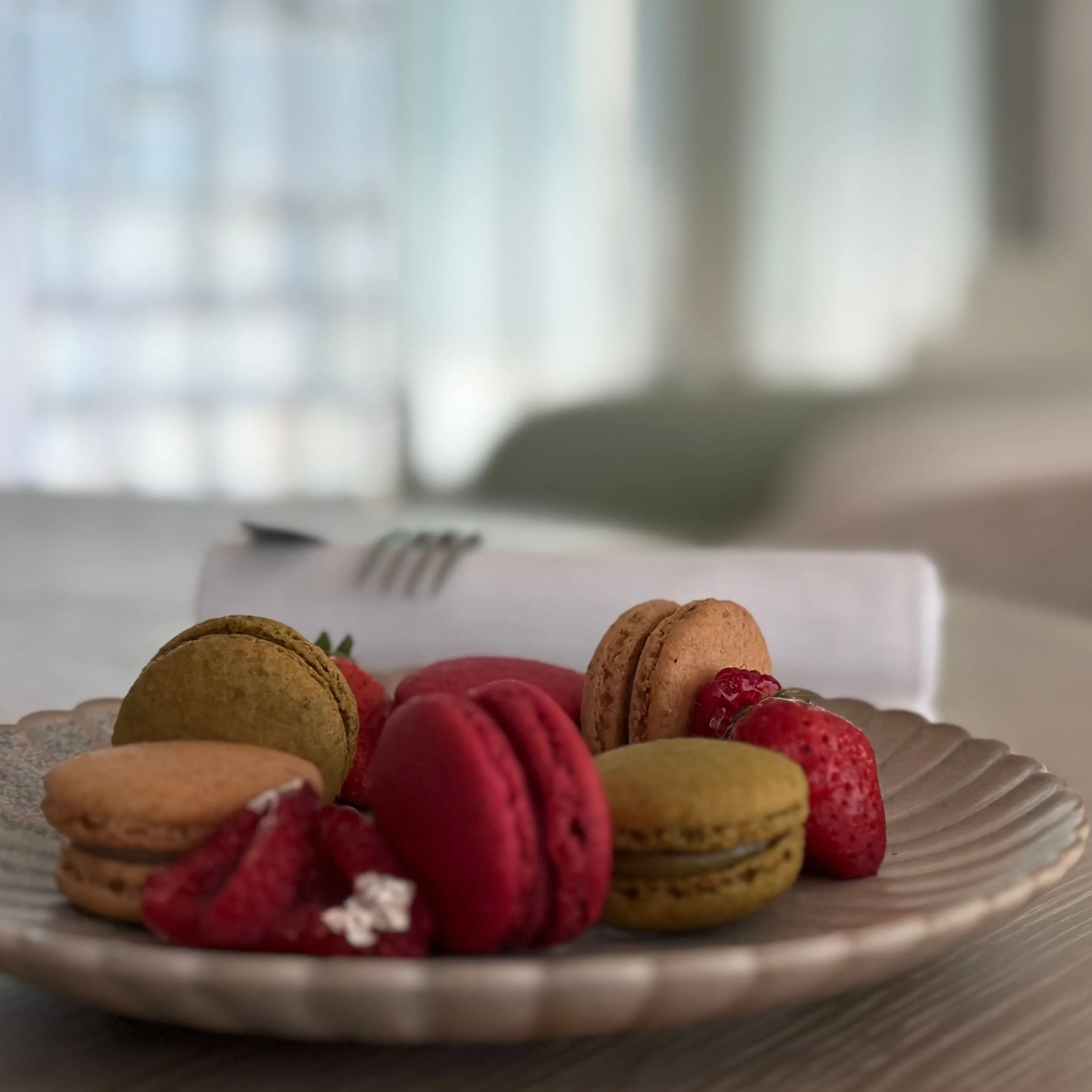 Welcome macarons in the Nietzsche Suite at Château de la Chèvre d’Or in Èze