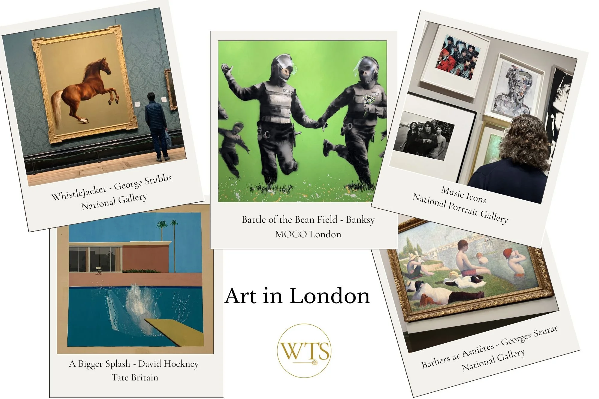 A collage of polaroids with famous artworks in London