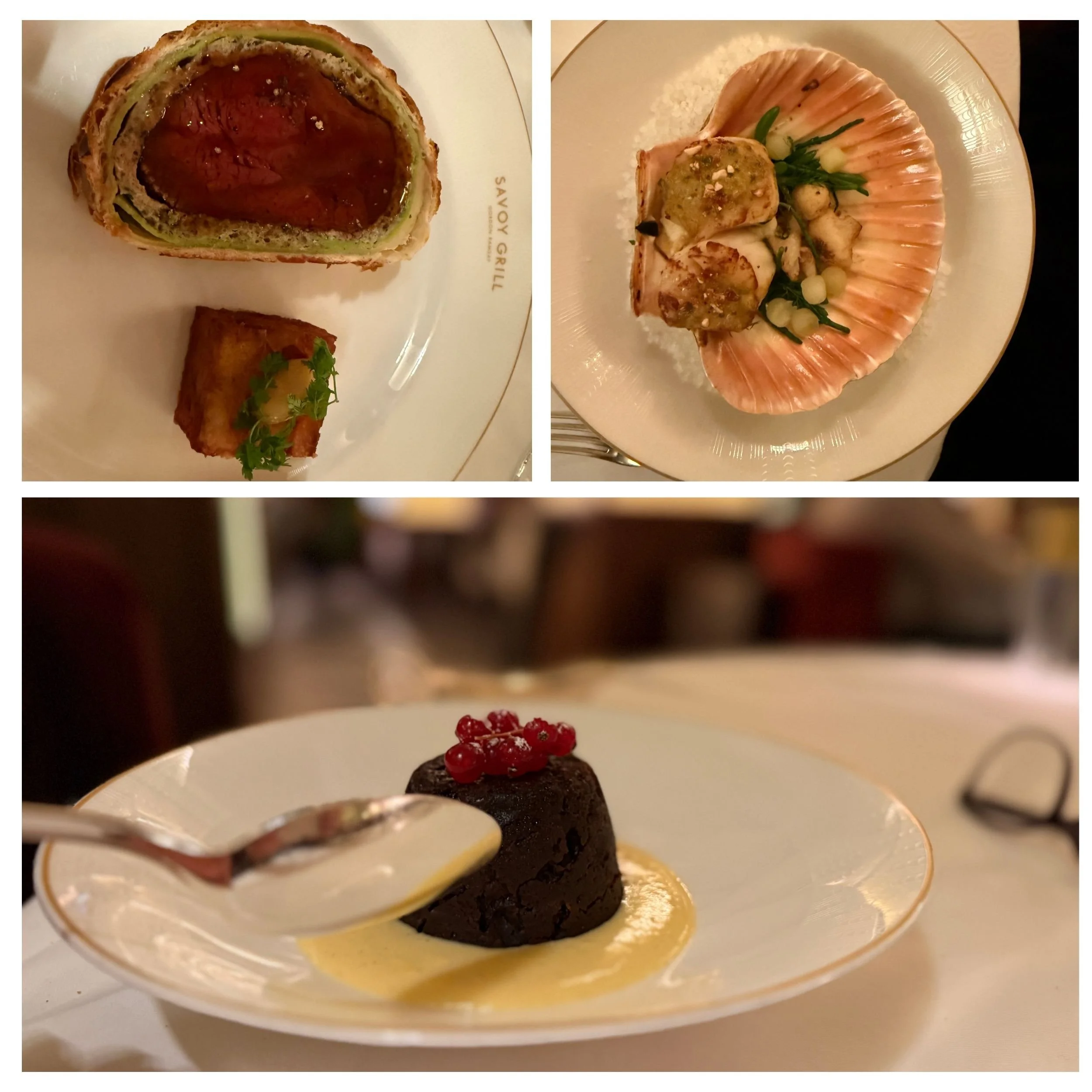 A panel of three images showcasing food from the Savoy Grill including Beef Wellington, Scallops and a picture perfect dessert