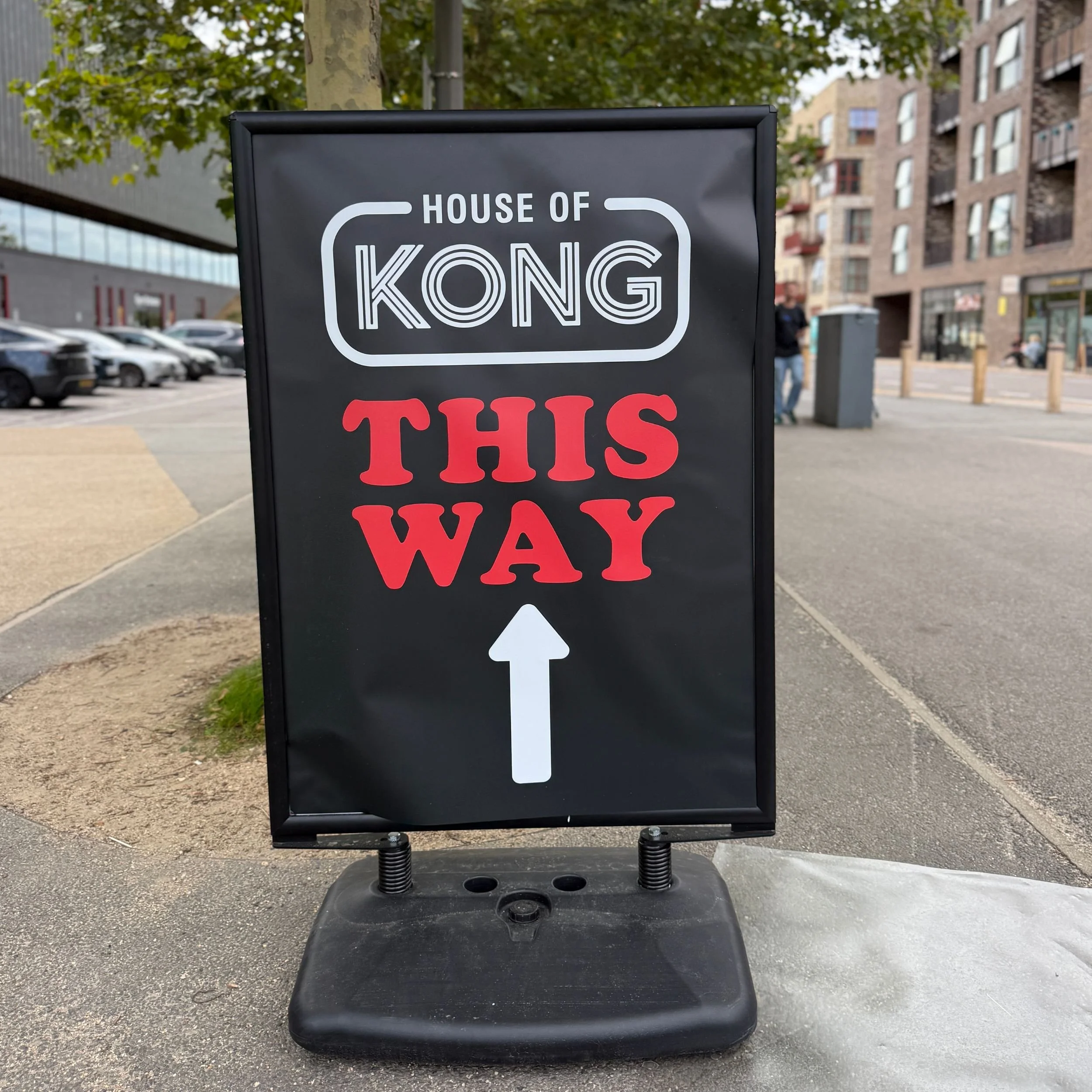 House of Kong exhibition direction sign with arrow outside Copper Box Arena London