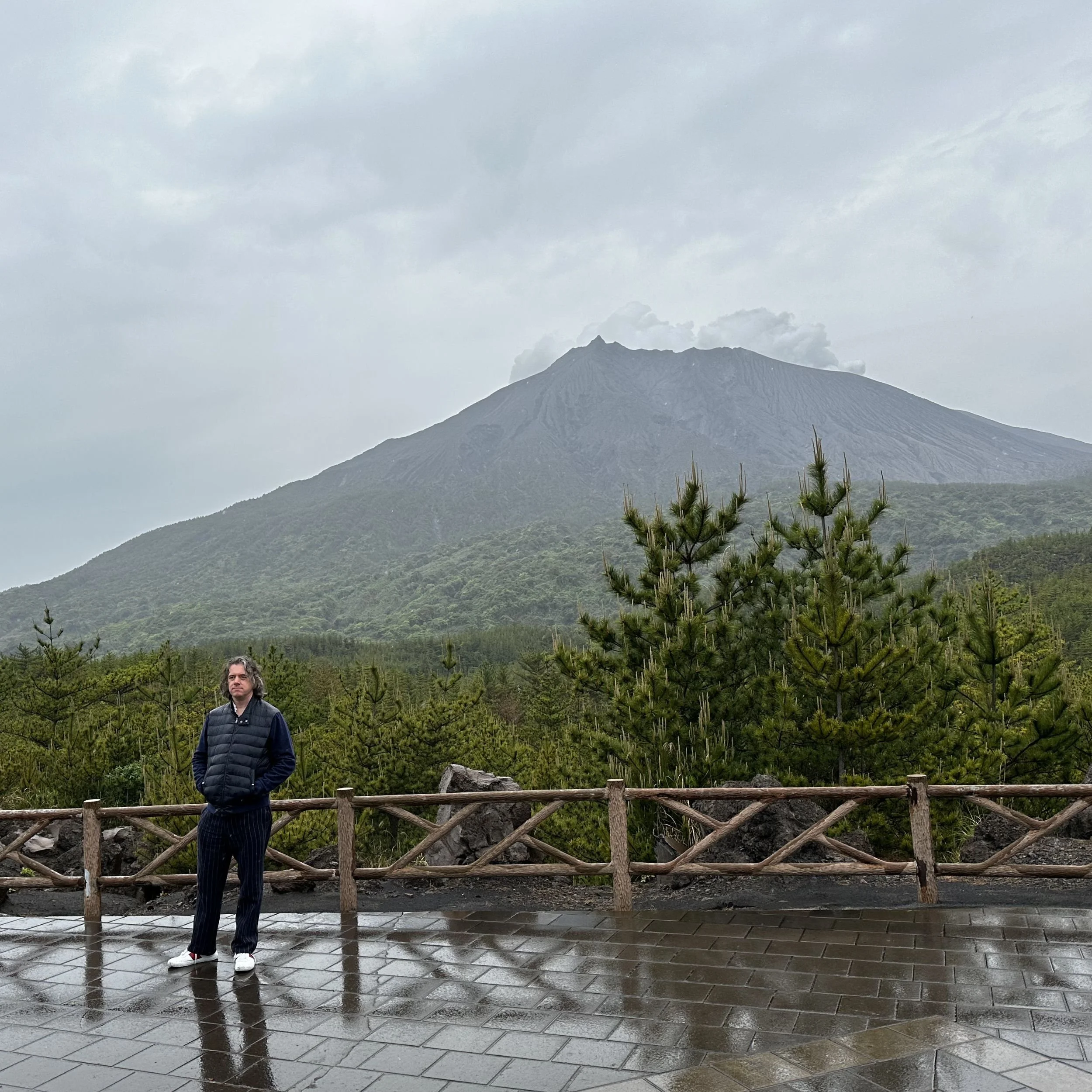 Visitor standing at a viewpoint near Sakurajima volcano in Kagoshima with the smoking mountain rising behind wet paving and pine trees
