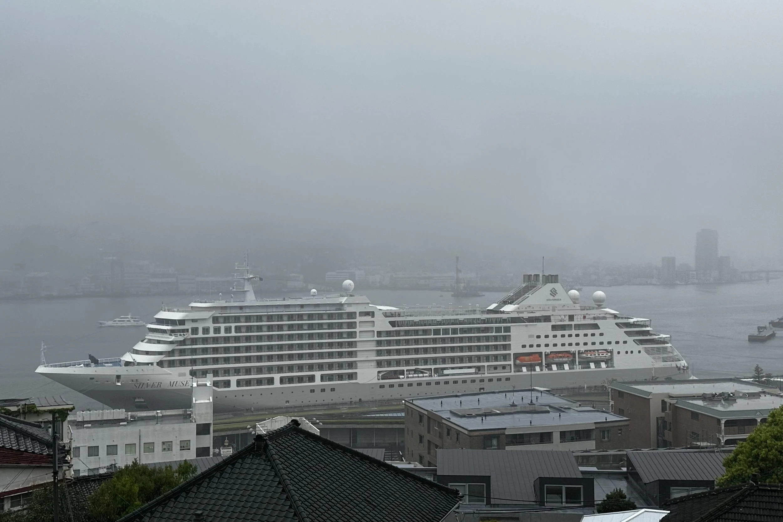 View from Glover Garden in Nagasaki overlooking the harbour with the Silver Muse cruise ship docked below