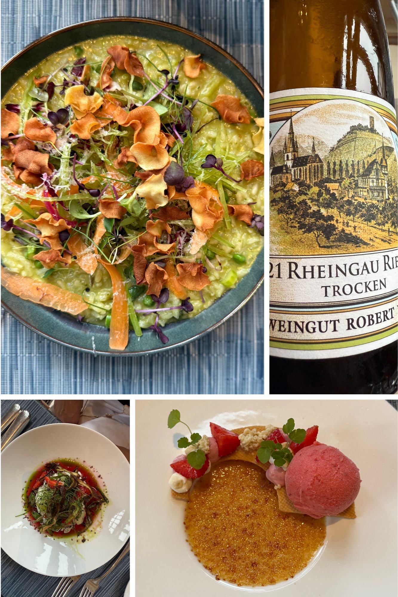 alt="A collage showing dishes ordered at Brasserie Quarré, including green risotto topped with vegetable crisps, a bottle of Rheingau Riesling Trocken wine, a fresh starter dish, and a crème brûlée dessert served with strawberry sorbet."