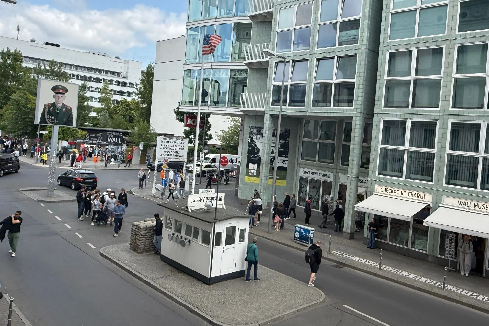 An unobstructed view of Checkpoint Charlie from McDonalds balcony in Berlin