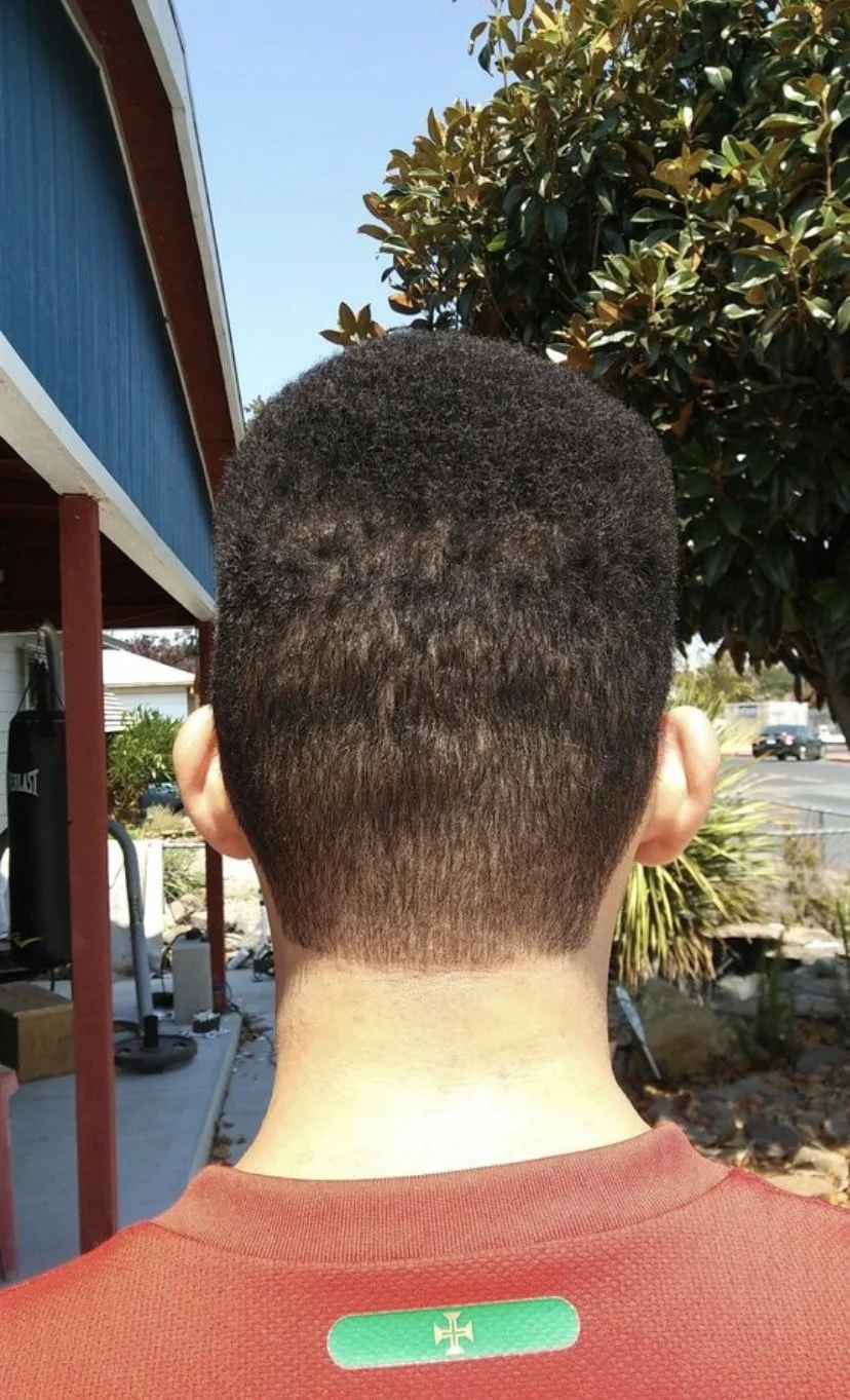 Back of a person's head with short, dark hair, outdoors with trees, a blue house, and a street in the background.