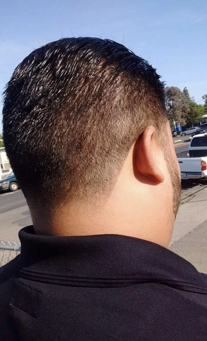 Back of a person's head showing a close-cropped fade haircut with shiny black hair, outdoors on a sunny day.
