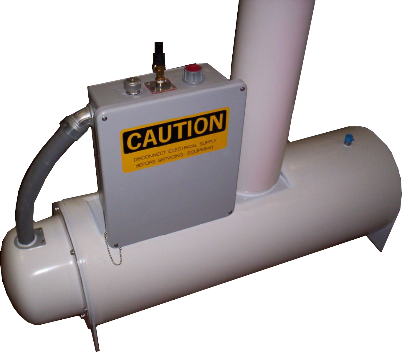 An industrial machine with a warning label that says CAUTION and instructs to disconnect electrical supply before servicing, featuring a pipe, electrical box, and control valve.