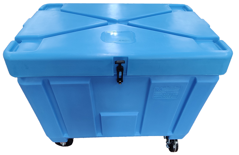 Large blue plastic storage container with a lid and wheels
