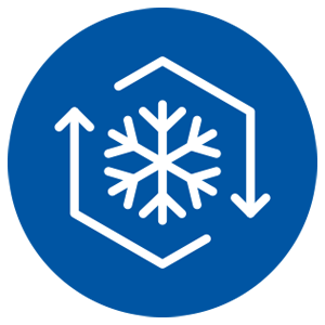 A blue circular icon featuring a white snowflake inside a hexagon, with arrows indicating temperature control or cooling.