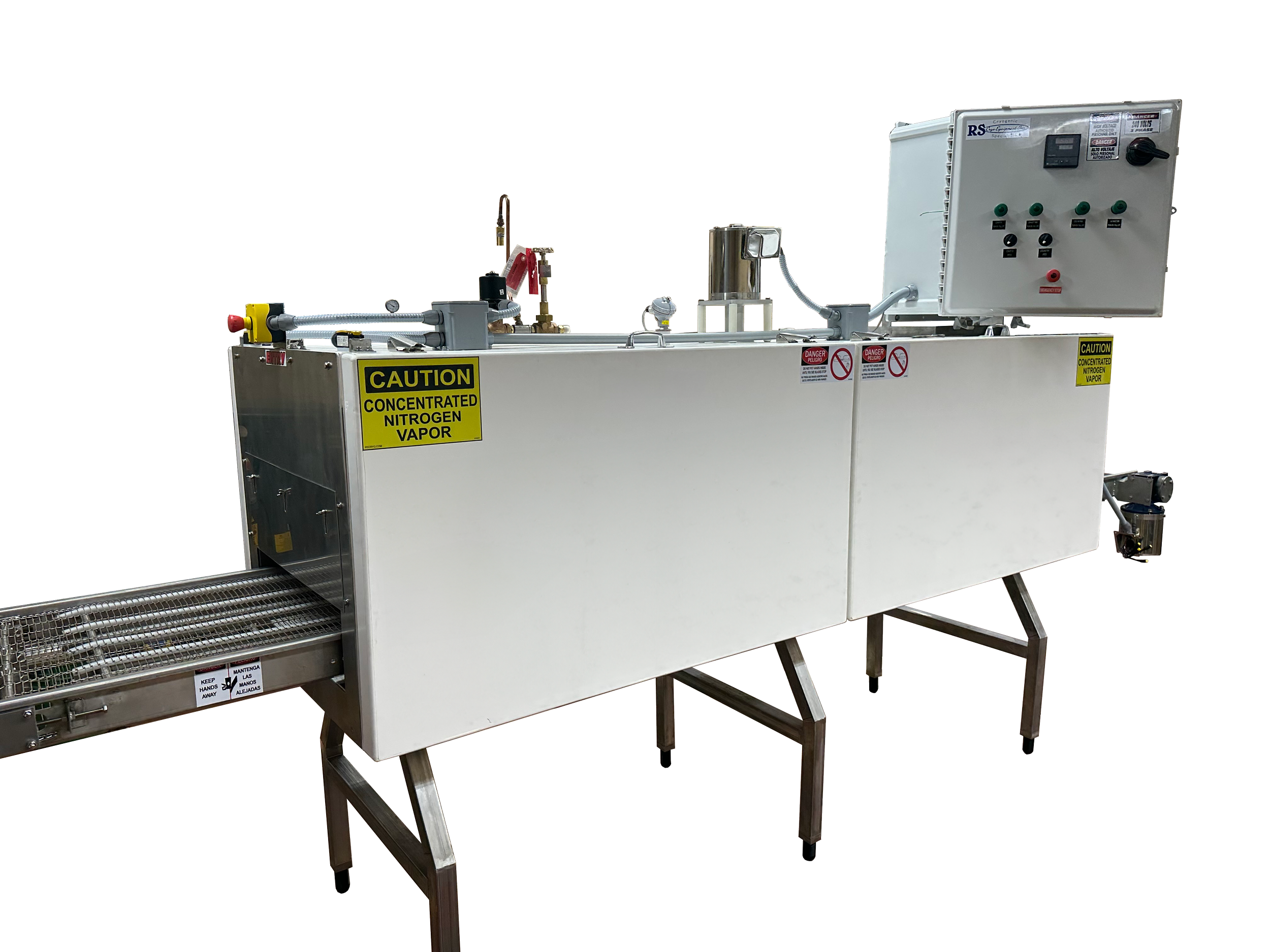 Industrial machine with caution signs indicating concentrated nitrogen vapor, mounted on metal legs with a conveyor belt at one end.
