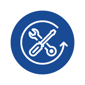 Icon of tools crossed, including a wrench, screwdriver, and a pencil, inside a circle with a blue background.