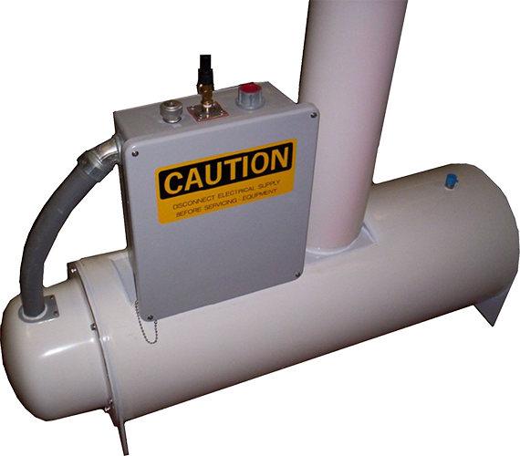 A cylindrical industrial pipe with a warning sign reading 'CAUTION' and warning labels, connected to an electrical control box and a vertical pipe or chute.