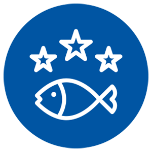 Blue circular icon with a fish symbol and three stars above it.