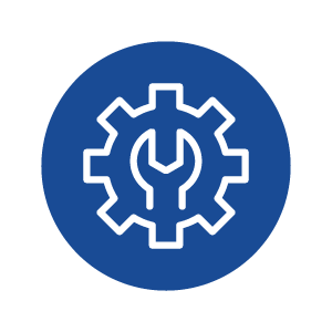 Icon of a white gear with a power button symbol inside on a blue circular background.