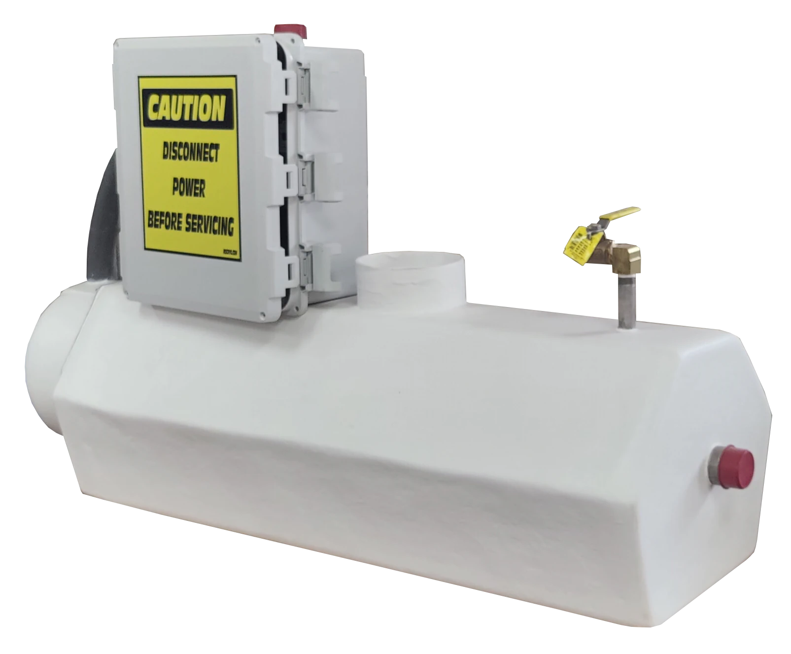 A white water tank with an electrical box and a faucet on top, caution label on the box, and a red button on the side of the tank.