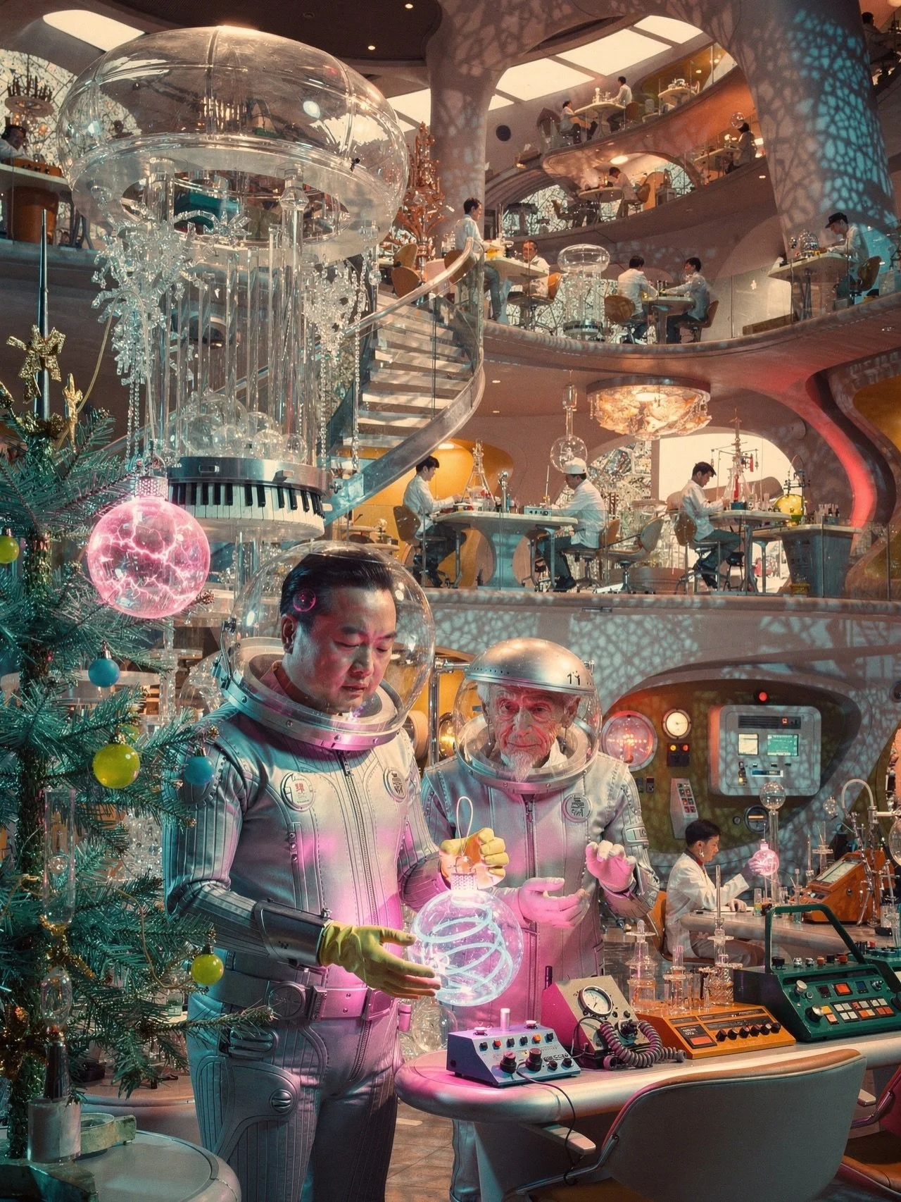 Christmas cheer has taken over the Plasmoratories, where researchers have been experimenting with the future of ornaments! Of course dipping in the eggnog during work does lead to clumsiness... 

#aiphotography #retrofuturism #christmasornaments #chr