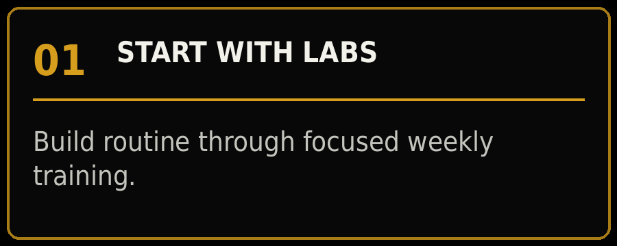 Text on a presentation slide that says 'Start with Labs' with the number '01' and instructions to build routine through focused weekly training.