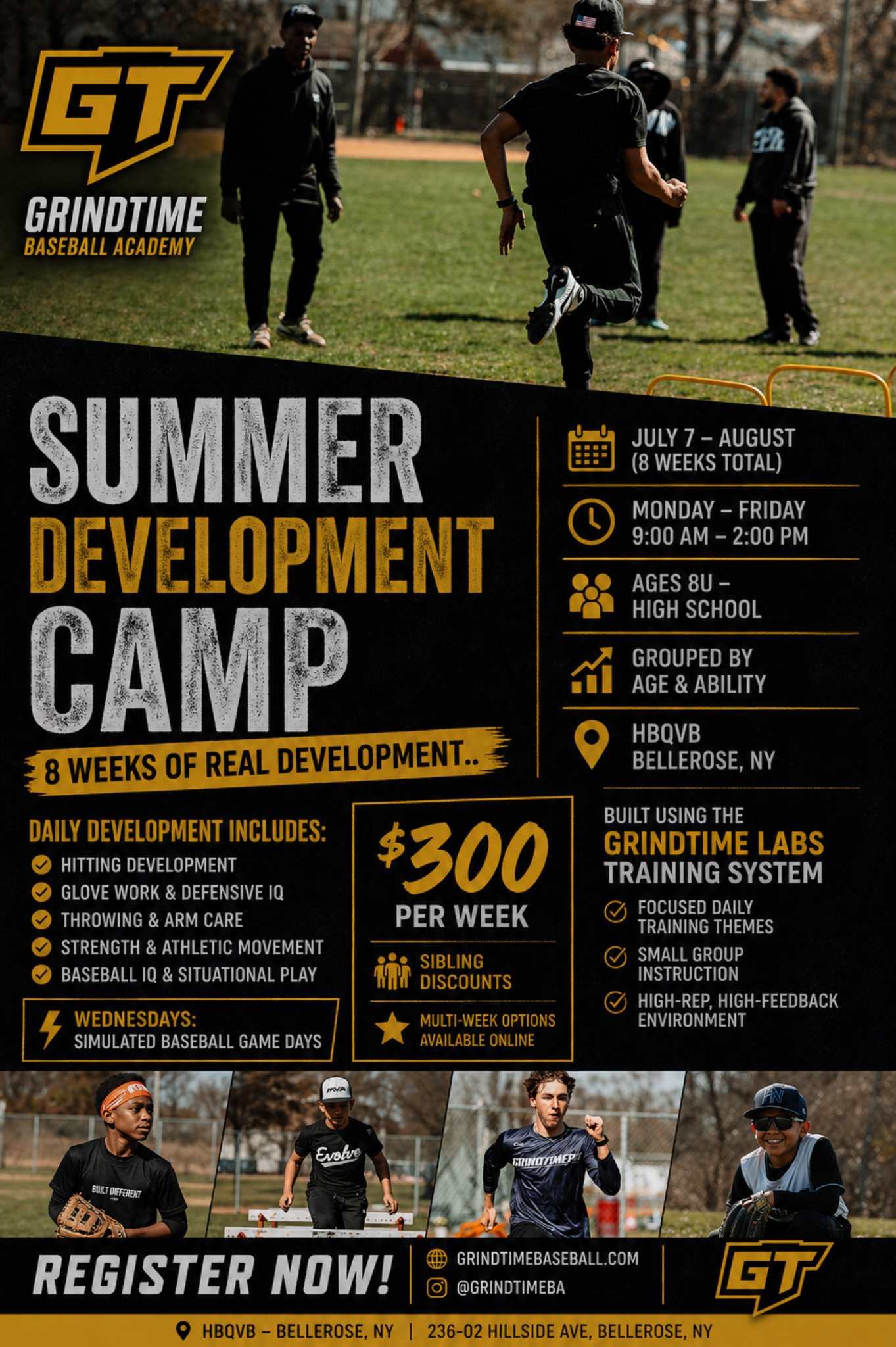 GrindTime Baseball Academy summer baseball development camp flyer for youth athletes in Bellerose, Queens.