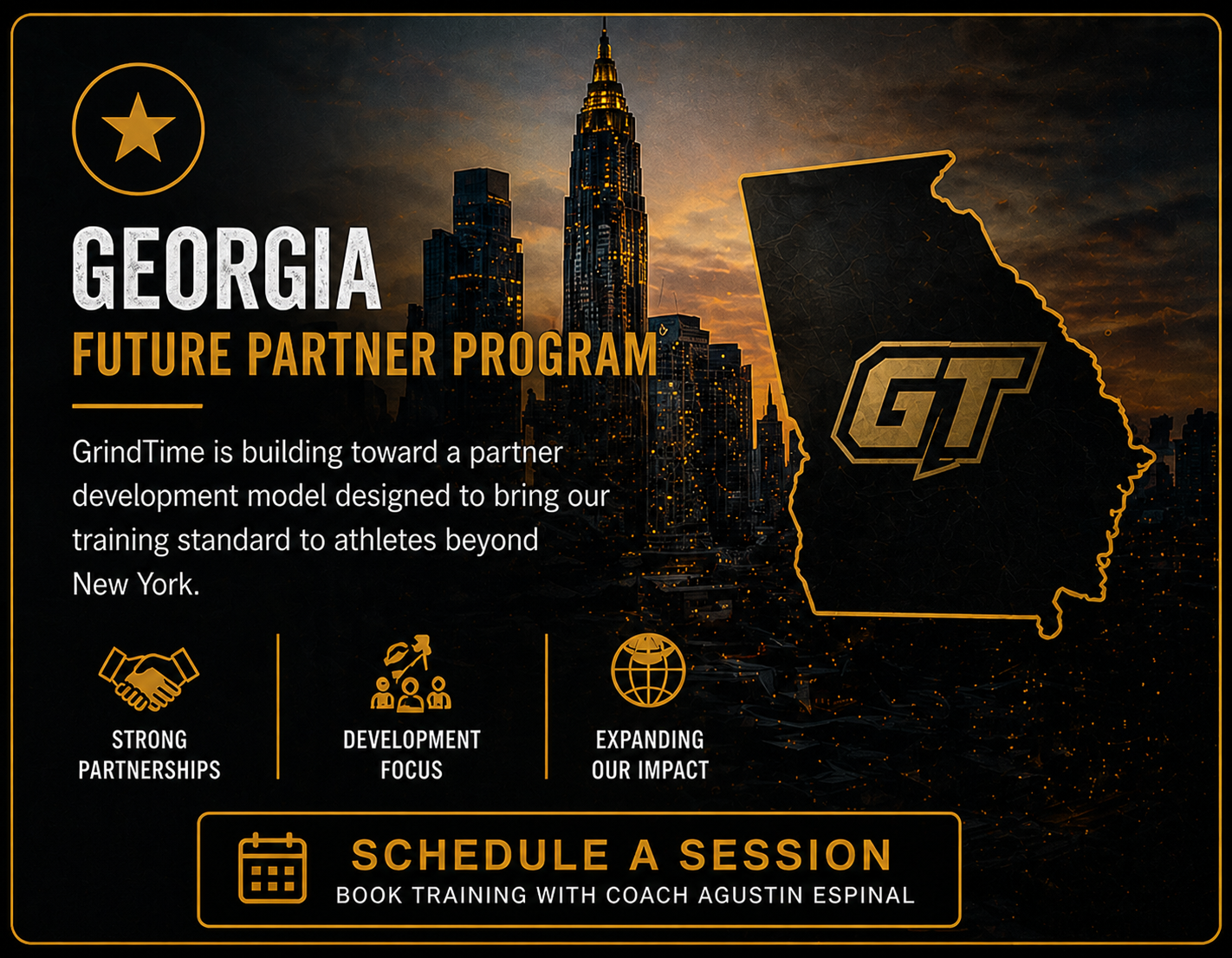 Dark themed promotional graphic for Georgia Future Partner Program featuring skyline of Atlanta, Georgia, with iconic skyscraper, and outline of Georgia with GT logo. Highlights partnership, development focus, global impact, and encourages scheduling a training session with Coach Agustin Espinal.