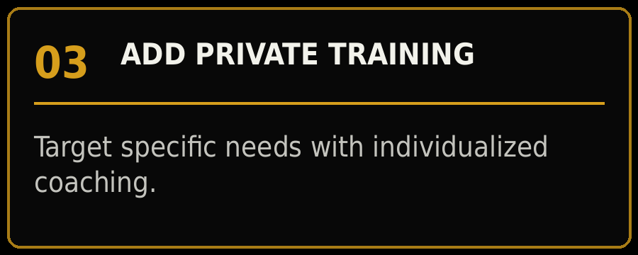 Slide titled 'Add Private Training' with the number 03, stating 'Target specific needs with individualized coaching'.