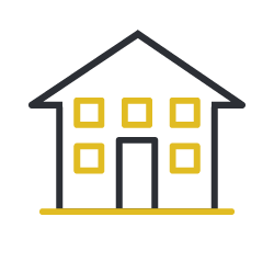 A simple line drawing of a house with six windows and a door, outlined in black with yellow accents.