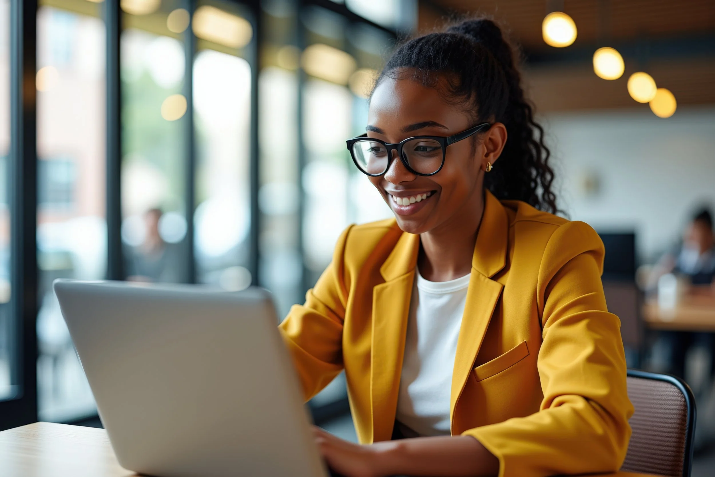 A woman in a yellow blazer and glasses smiling while working on a laptop in a bright, modern cafe.