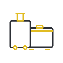 Two suitcases, one large and one smaller, with wheels and handles, depicted in black and gold colors.