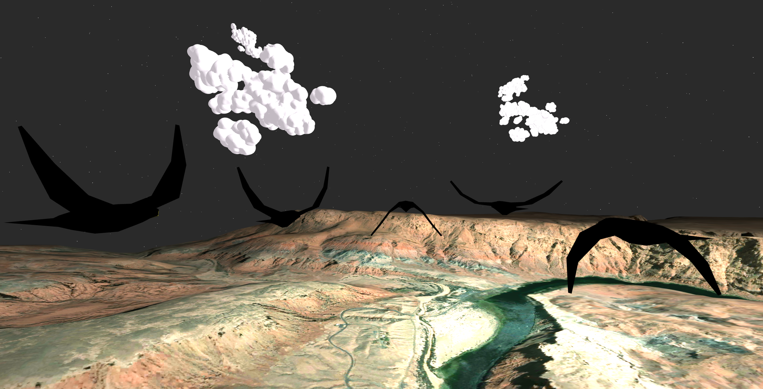 A digital illustration of an alien landscape with mountains and a river, featuring black silhouettes of flying creatures with large wings and some clouds in a starry night sky.