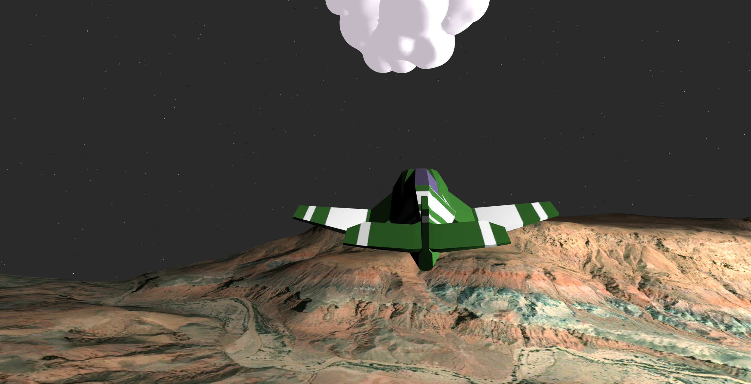 A cartoon green and white spaceship flying above a rocky extraterrestrial landscape with a spaceship-shaped cloud in the night sky.