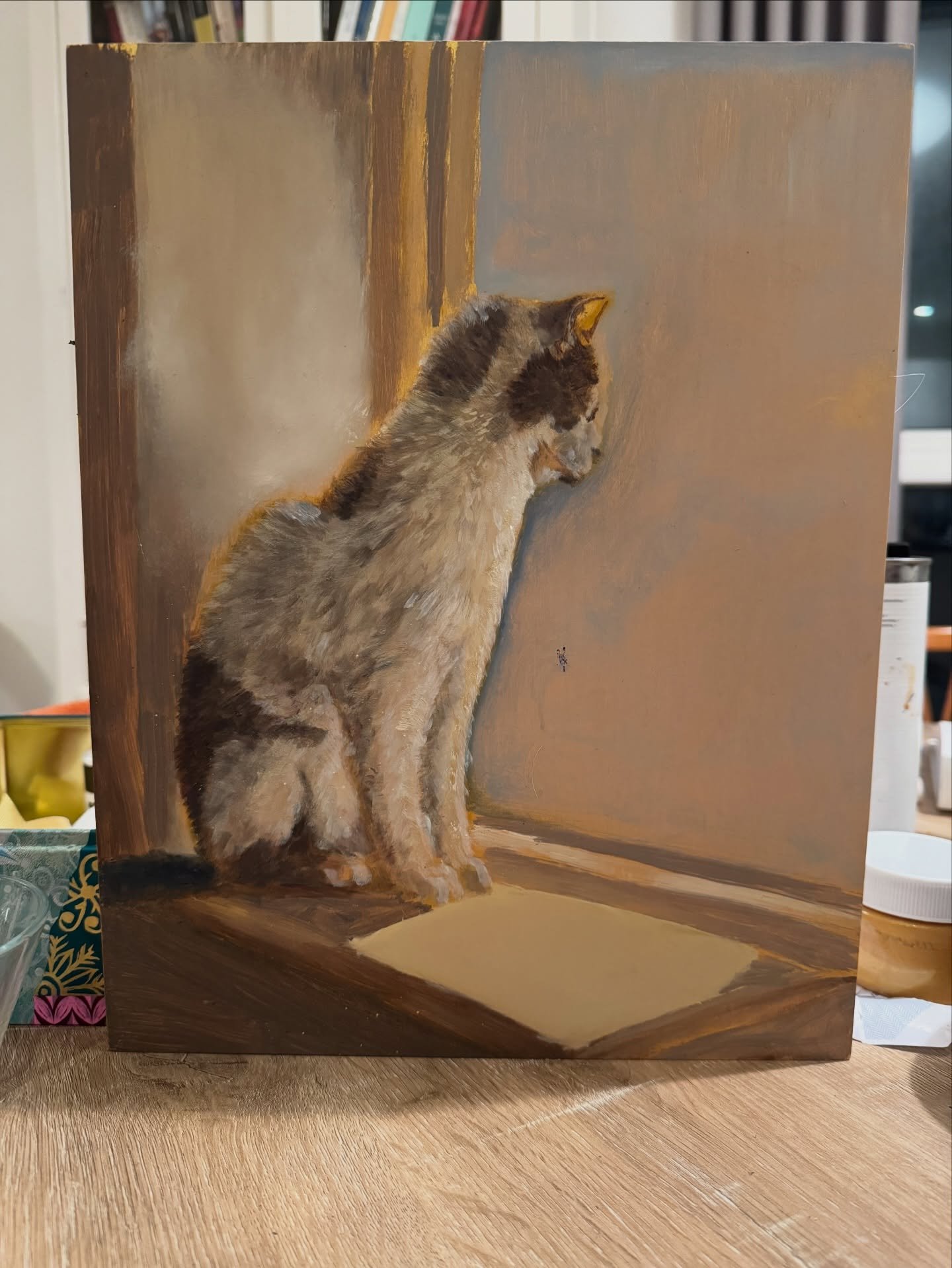 An hour spent on Pebbles&rsquo; portrait tonight. Feel like she&rsquo;s appearing nicely. Next time I&rsquo;ll need to spend more time on the background which I&rsquo;m sure will help her emerge further. #petportrait #oilpainting #workingprogress #ar