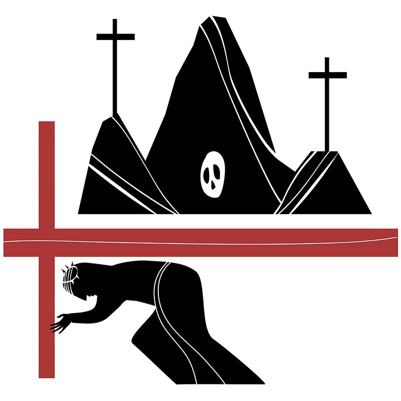 Print style Jesus carrying his cross with two others in the background