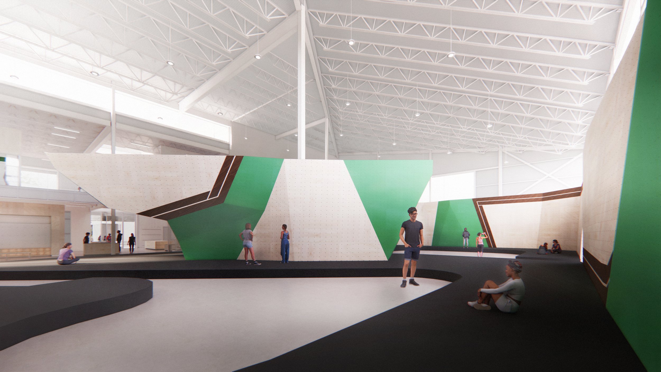 Bold green and wood accents organize the expansive bouldering hall into a series of zones without diminishing openness. The layout supports climbers of all skill levels while providing generous circulation space and visual access throughout.